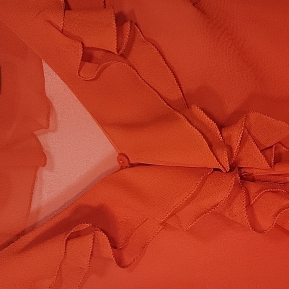 RED Sheer Ruffled collar and sleeve button up 3/4 sleeve. Size M - Picture 3 of 7